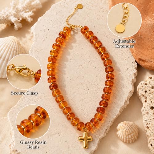 Colorful Resin Chunky Beaded Necklace for Women Modern Statement Choker Necklace with Gold Tone Cross Pendant Boho Summer Jewelry Gift - color: Amber Brown-1