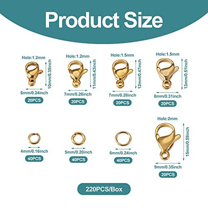 PH PandaHall 220Pcs Stainless Steel Lobster Claw Clasps Open Jump Rings Set Real 24K Gold Plated Jewelry Lobster Clasp 5 Sizes Bracelet Necklace Clasp Closures for Jewelry Making, 1 Box