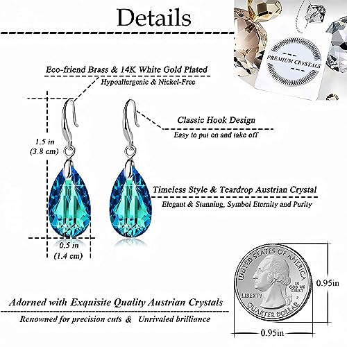 Austrian Crystal Teardrop Dangle Hook Earrings for Women 14K Gold Plated Hypoallergenic Jewelry - color: Bermuda Blue