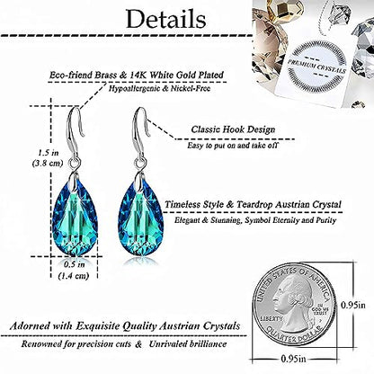 Austrian Crystal Teardrop Dangle Hook Earrings for Women 14K Gold Plated Hypoallergenic Jewelry - color: Bermuda Blue