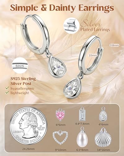 FIBO STEEL 14K Gold Plated Hoop Earrings with Charms for Women Huggie Hoops | Hypoallergenic 925 Sterling Silver Post Dangle Earrings Small Silver Gold Hoops Earring Cubic Zirconia Dangle Drop Jewelry - color: Tear - Silver Plated