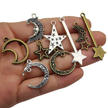 100g(About 76pcs) Craft Supplies Small Antique Bronze Silver Sun Moon Star Charms Pendants for Jewelry Making Findings Crafting Accessory for DIY Necklace Bracelet (M206) - color: Sun Star Moon