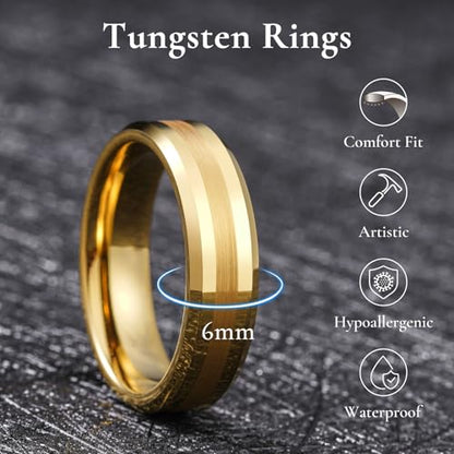 King Will Classic Tungsten Carbide Ring Brushed Two Grooved Center Hammered Design Mens Wedding Band for Men | Black/Silver/Gold, 8mm, Men's Wedding Band, Grooved, Comfort Fit, Everyday Wear - color: A-Gold 6mm