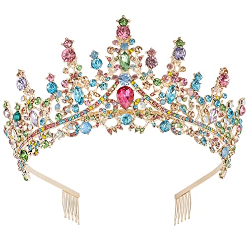COCIDE Crowns for Women Tiaras for Women Colorful Crystal Rhinestones Queen Crown for Birthday Party Decorations Wedding Bridal Costume Cosplay Accessories - color: T4,Gold Colorful