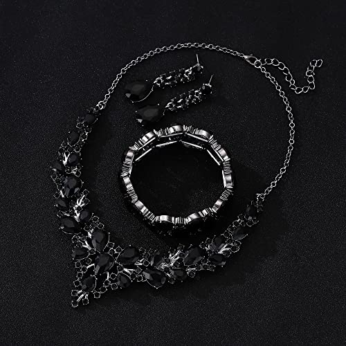 Rhinestone Bridal Jewelry Sets for Women Crystal Necklace Earrings Bracelet Set Silver-Tone Wedding Bridal Bridesmaid Gifts fit with Wedding Dress - color: C:3pcs-Black Tone Necklace + Earrings + Bracelet set