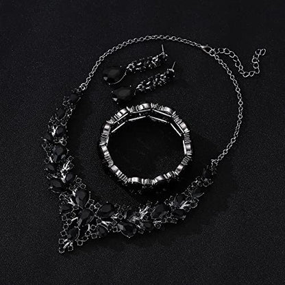 Rhinestone Bridal Jewelry Sets for Women Crystal Necklace Earrings Bracelet Set Silver-Tone Wedding Bridal Bridesmaid Gifts fit with Wedding Dress - color: C:3pcs-Black Tone Necklace + Earrings + Bracelet set