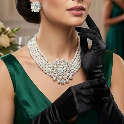 Classic Faux Pearl Jewelry Set for Women, 1950s Inspired Strand Necklace with Earrings, Elegant Gift for Mother's Day & Wedding - color: Stud Pin Earring and Necklace