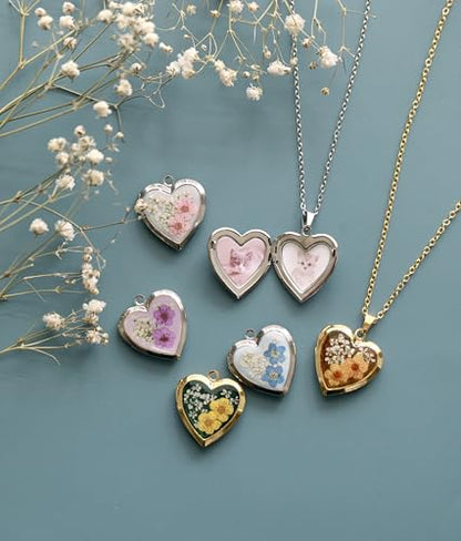 Handmade Heart Shaped Dried Pressed Forget Me Not Flower Photo Locket Pendant Necklace - color: Gold, style: ORANGE+BROWN