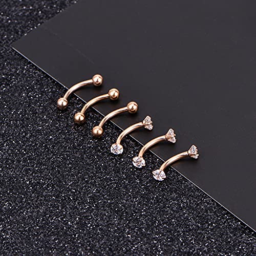 Briana Williams 6pcs Stainless Steel Rook Daith Earrings Belly Lip Ring Eyebrow Studs Cartilage Tragus Cubic Zirconia Barbell Body Piercing 8mm (5/16") - color: 3 -Rose Gold