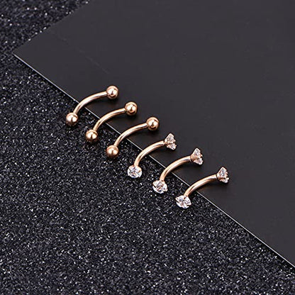 Briana Williams 6pcs Stainless Steel Rook Daith Earrings Belly Lip Ring Eyebrow Studs Cartilage Tragus Cubic Zirconia Barbell Body Piercing 8mm (5/16") - color: 3 -Rose Gold