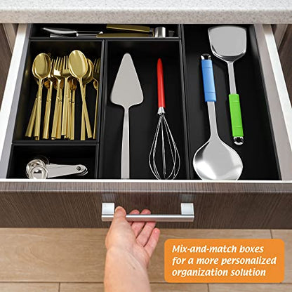 Black Bamboo Drawer Organizer - Silverware&Utensil Holder Organizer for Kitchen Drawers, Multi-Use Drawer Dividers Boxes for Bathroom Counter，Cabinet, Garage, Office Desk, Makeup, Jewelry (12*6*2.5) | Silverware Cutlery Utensil Tray, Multi-Use Drawer Divi