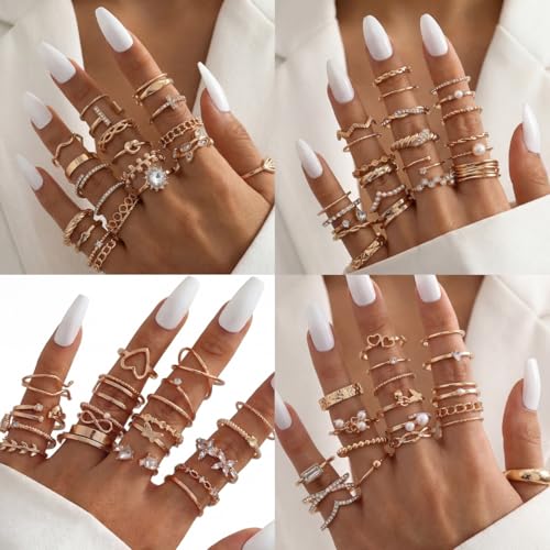 42-Piece Gold Tone Stackable Ring Set for Women, Boho Minimalist Stacking Rings with Crystal & Heart Accents, Adjustable Open Band Jewelry for Daily Wear - style: ZH00101