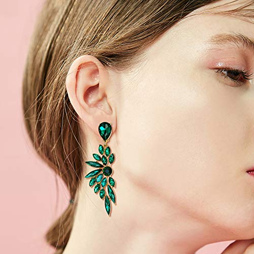Women's Wedding Bridal Earrings Prom Dangle Earring | Shiny Crystal Teardrop Multi Marquise Cluster for Bride Bridesmaid Bling Jewelry Costume Party Accessories - color: 01-Emerald Color Gold-Tone