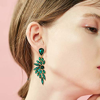 Women's Wedding Bridal Earrings Prom Dangle Earring | Shiny Crystal Teardrop Multi Marquise Cluster for Bride Bridesmaid Bling Jewelry Costume Party Accessories - color: 01-Emerald Color Gold-Tone