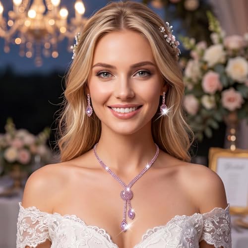 Unicra Silver Rhinestone Bridal Wedding Jewelry Set Crystal Necklace Earrings Sets Formal Prom Costume Jewelry Sets for Women and Brides - color: Purple