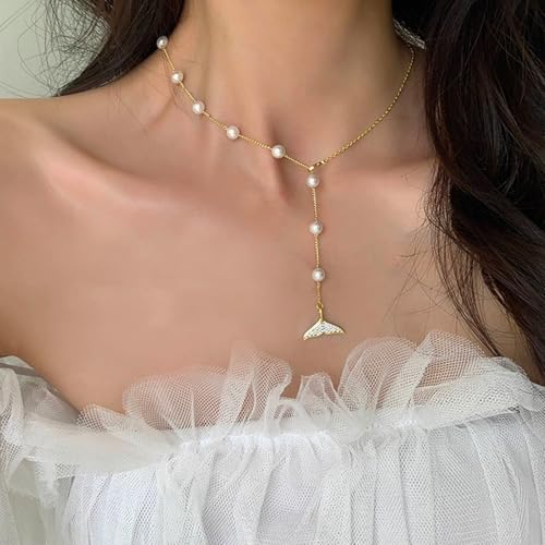 Boho Pearl Y Lariat Necklace for Women,Cz Fishtail Drop,Crystal Mermaid Tail, Y Drop Chain Jewelry for Girls