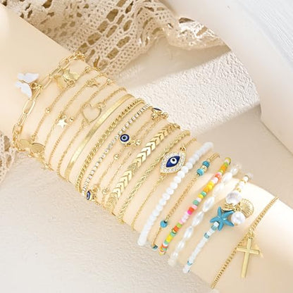 21PCS Gold Ankle Bracelets for Women, Boho Shell Bead Cuban Link Chain Waterproof Gold Anklets Set, Adjustable Layered Anklets for Women Beach Jewelry Gift - color: Gold-cuban chain