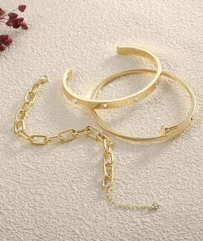 ZOERAY Silver Gold Bangle Bracelets for Women Non Tarnish 14k Gold Plated Stackable Cuff Bracelets for Women Trendy Cubic Zirconia Stainless Steel Chunky Bracelet Stack Set Waterproof Jewelry Gifts - color: E.Paperclip-Gold