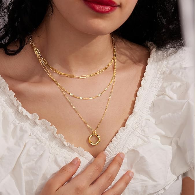 Gold Layered Necklaces for Women, 14K Gold Plated Paperclip Snake Chain Necklace Set, Dainty Coin Cross Tear Pendant Layering Choker Necklaces, Simple Trendy Stackable Jewelry Gifts - color: 3PCS / Twisted Circle & two Chains
