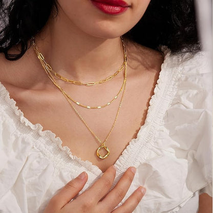 Gold Layered Necklaces for Women, 14K Gold Plated Paperclip Snake Chain Necklace Set, Dainty Coin Cross Tear Pendant Layering Choker Necklaces, Simple Trendy Stackable Jewelry Gifts - color: 3PCS / Twisted Circle & two Chains