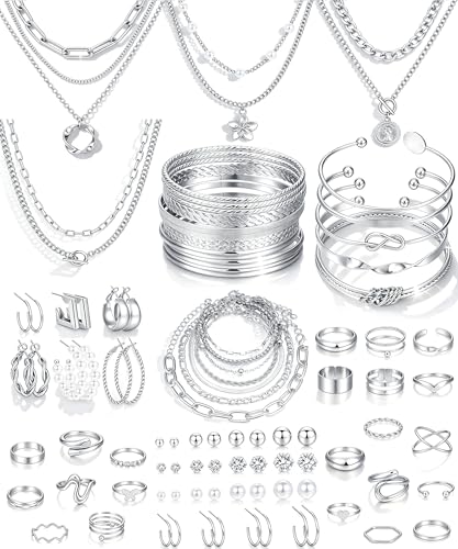 17 MILE 78 Pieces Gold Jewelry Set for Women, 9 Necklace, 24 Bracelet, 22 Earrings, 23 Knuckle Rings Gold Plated Jewerly set for Women Gift - color: silver Jewelry Set-chunky