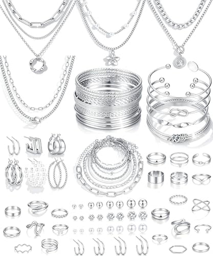 17 MILE 78 Pieces Gold Jewelry Set for Women, 9 Necklace, 24 Bracelet, 22 Earrings, 23 Knuckle Rings Gold Plated Jewerly set for Women Gift - color: silver Jewelry Set-chunky