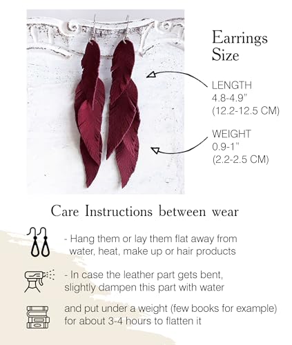 Leather Feather Earrings, Suede layered earrings, boho wedding jewelry, summer earrings, gift for her, dangle earrings - color: dark red