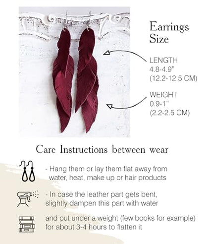 Leather Feather Earrings, Suede layered earrings, boho wedding jewelry, summer earrings, gift for her, dangle earrings - color: dark red