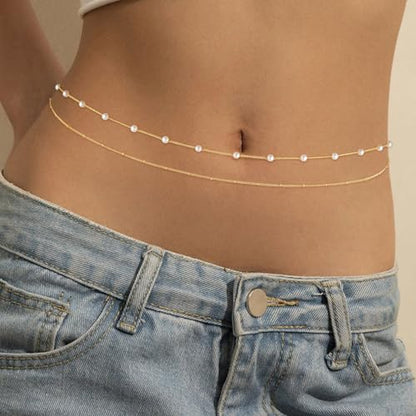 2PCS Gold Silver Waist Chain Adjustable Layered Belly Chain Body Chain Jewelry for Women Sexy Bikini Beach Boho Pearl Beaded Cuban Satellite Waist Chains - style: 2PCS-GD-Pearl+Satellite Chain