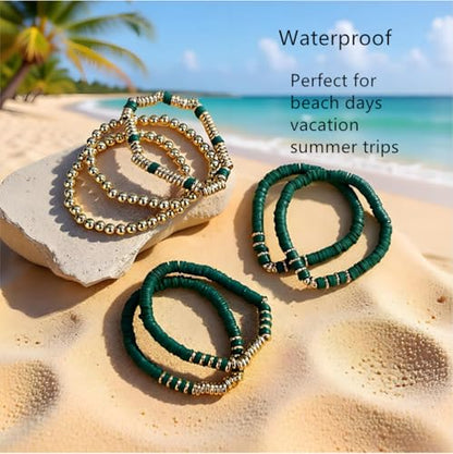 Heishi Clay Bead Bracelets Pack for Women Boho Friendship Stretch Bracelets Set Stackable Gold Beads Bracelets Jewelry for Gift - color: green