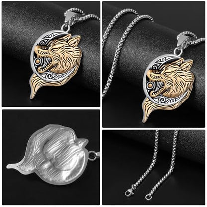 Stainless Steel Gothic Y2K Punk Rock Emo Biker Pendant Necklace | Cosplay Vintage Viking Alt Edgy Fashion Charm Necklace Jewelry for Men Women Active Daily Wear - style: Wolf Head Moon Medallion Gold