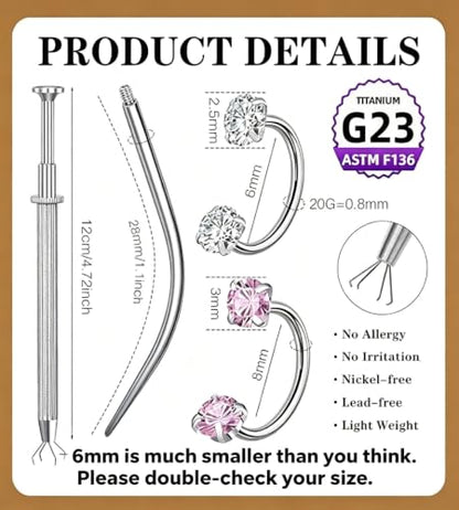 G23 Titanium Horseshoe Nose Ring 20G, 2 Pcs Double Gem Nose Ring for Women, 6mm 7mm 8mm Hypoallergenic Horseshoe Nose Rings Helix Tragus Earring Hoops Labret Lip Piercing Jewelry Small Septum Rings - color: 20G-6mm-2 Pcs Silver-White & Pink CZ