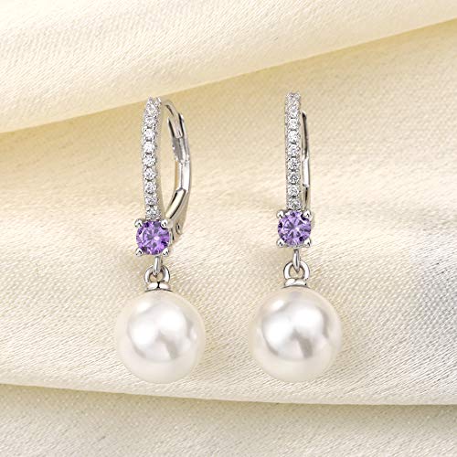 JO WISDOM 925 Sterling Silver Freshwater Pearl Hoop Earrings with Dangle Real Pearl,Simulated Pearls - color: B-8mm white pearl,amethyst color