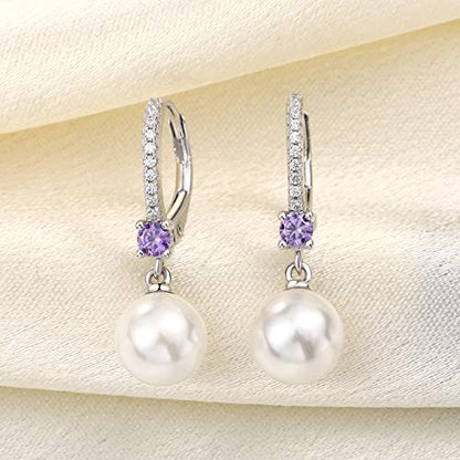 JO WISDOM 925 Sterling Silver Freshwater Pearl Hoop Earrings with Dangle Real Pearl,Simulated Pearls - color: B-8mm white pearl,amethyst color