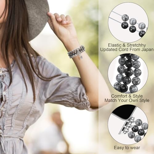 Newlibery Natural Stone Bracelet Beaded-Bands Women Compatible with Apple Watch 38mm 40mm 41mm 42mm (S10/11) Feminine Cute Handmade Stretch Strap for iWatch Series 11/10/9/8/7/6/5/4/3/2/1 SE 3/2/1 - color: A8 Grey Map, size: 38/40/41/42mm(s10/11)