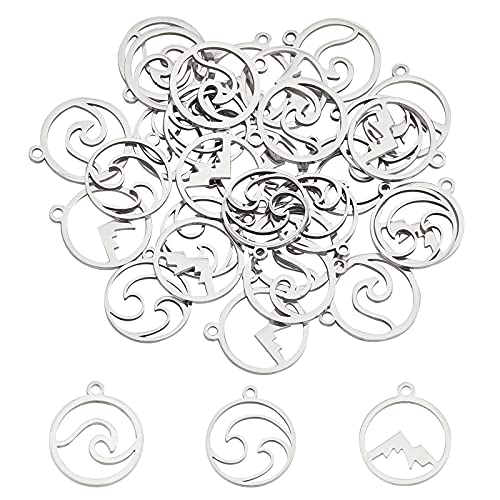 UNICRAFTALE Mountain Charms Flat Round with Mountain Dangle Pendants Stainless Steel Pendants Hypoallergenic Hollow Charms for Outdoor Lovers Hikers Skiers Climbers - style: Mountain/Wave/Cloud