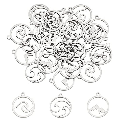 UNICRAFTALE Mountain Charms Flat Round with Mountain Dangle Pendants Stainless Steel Pendants Hypoallergenic Hollow Charms for Outdoor Lovers Hikers Skiers Climbers - style: Mountain/Wave/Cloud