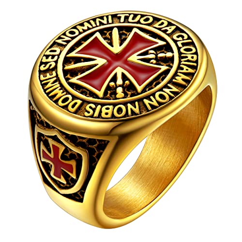 FaithHeart Mens Stainless Steel Crusader Jerusalem Cross Ring with 18K Gold Plated Two Tone Ring Size 7,8,9,10,11,12 - color: 02. Crusader Cross-Gold