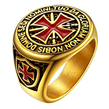FaithHeart Mens Stainless Steel Crusader Jerusalem Cross Ring with 18K Gold Plated Two Tone Ring Size 7,8,9,10,11,12 - color: 02. Crusader Cross-Gold