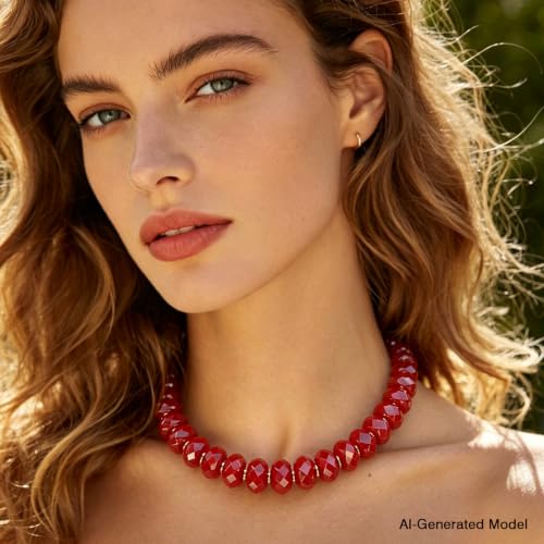 Colorful Chunky Acrylic Beaded Choker Necklaces for Women | Multicolor Faceted Beads, Sturdy Metal Chain, Adjustable Detachable, Lightweight, Summer Boho, Sparkly Statement Jewelry Gift - color: Red