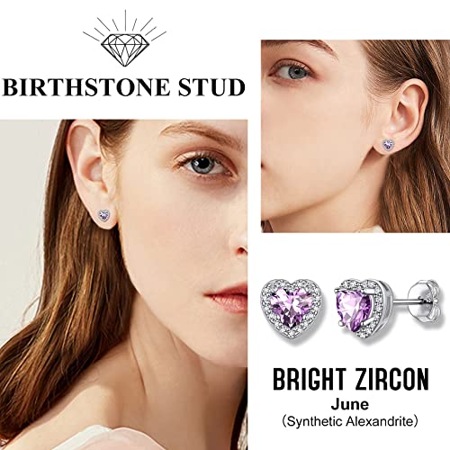Bestyle Sparkling 925 Sterling Silver Birthstone Stud Earrings for Women, Heart/Round/Teardrop/Square Solitaire Diamond Studs Earrings, Great Birthday/Christmas Gifts - style: 06. Purple Alexandrite-June-heart