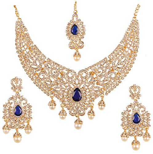 Touchstone Indian jewelry sets for women tikka wedding necklace costume guest statement bollywood rhinestones crystal faux pearls gold big royal neck piece set bridal fashion accessories - color: Blue in Center 2