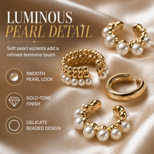 4 Pcs Women’s Clip-On Ear Cuff Set, Luxury Old Money Style Faux Pearl Earrings, Irregular Bohemian Statement Ear Cuffs, Elegant Jewelry for Daily Wear, Vacation, Date, Wedding, Banquet & Party, surprise Girlfriend,Friends for Birthdays & Holidays - color: