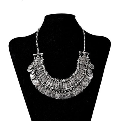 LUREME Vintage Engraved Coin Bib Statement Necklace Clavicle Necklace (01003295) - style: Antique Silver