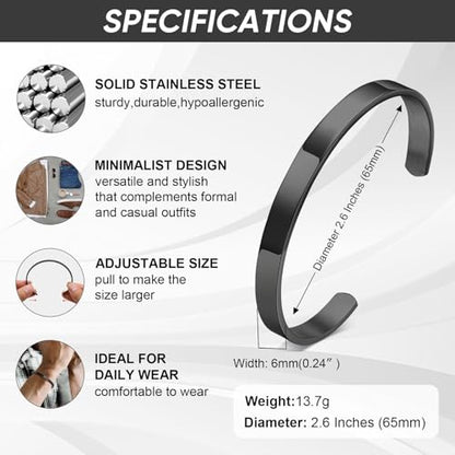 Stainless Steel Mens Cuff Bracelet : Minimal Cool Silver/Black/Gold Plated Open Metal Cuff Bangle Bracelets for Men,Mens Bracelet Jewelry Gift - color: Black-Single, size: Medium( fit 5.5"-7.2" wrist)