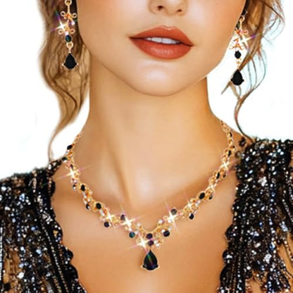 JAKAWIN Bride Silver Bridal Necklace Earrings Set Rhinestone Wedding Jewelry Set Formal Crystal Necklace for Women (3 Black)