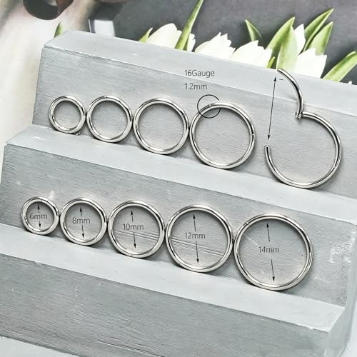 16Gauge earrings nosering clicker hoop Hypoallergenic body piercing ring | 6-14mm/6-12mm/Stainless Steel Gold/Silver,Septum Rings Hinged Clicker, Helix Cartilage Daith Tragus,Sleeper Hoop,Piercing - color: 16G 6-8-10-12-14mm Silver