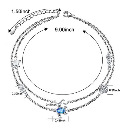 Anklets for Women 925 Sterling Silver Blue Evil Eye Infinity Butterfly Adjustable Multilayer Layered Summer Beach Ankle Bracelet Foot Chain Jewelry for Women - style: D-Sea Turtle