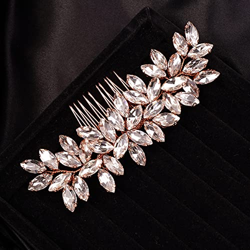Teyglen Simple Full Rhinestones Wedding Hair Comb - Crystal Hair Pieces Luxurious Accessories for Bride - Bridal Side Hair Combs for Women and Girls (Rose Gold) - color: Rose Gold