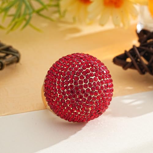 Gold Snowball Rhinestone Cocktail Ring – Adjustable Stretch Sparkling Party Jewelry for Women, Elegant Costume Ring for Evening Wear, Wedding, Prom - color: Red